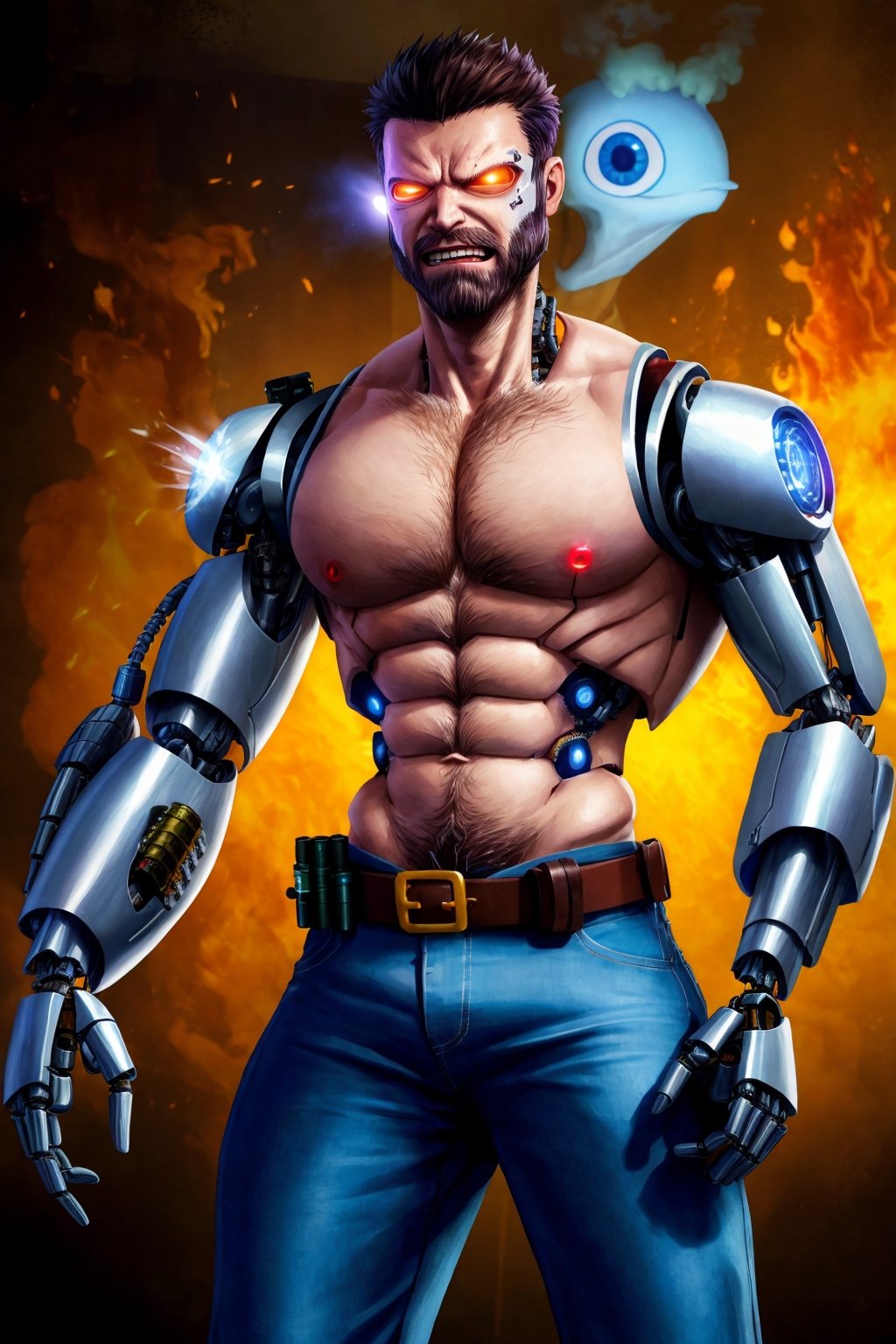 ((young Max Payne transformed by a machine into a cyborg)), muscular, massive pecs, massive arms, shirtless, worn out tactical pants with belt and gun, patrols and scans the street, ((grimace of pain)), ((massive body hair)), ((long beard)), ((short hair)), tropical island, destroyed city, big smoke, big flames, post-apocalypse, ((face details, eye details)), ((glowing eyes)), horror, looks at the viewer,(1man)