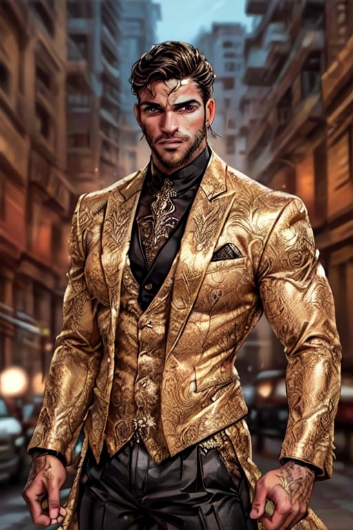 Latino male, king of skarland, contemporary, ((detalied face)), ((detalied eyes)), painting, Intricate, Sharp focus, dramatic, portrait, elegant suite pants, elegant suite jacket, muscular, short beard, city street background, professional,1boy,handsome male,Miguel