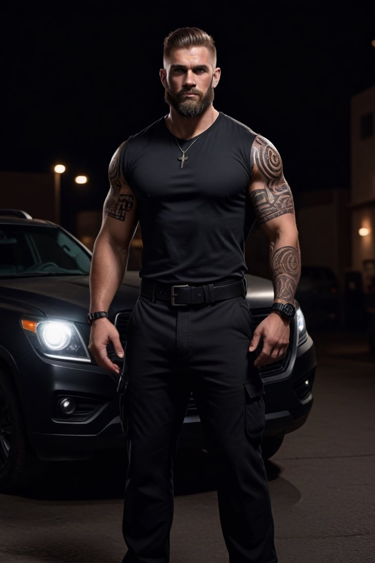 (masterpiece), handsome, arogant, smirk, young, bodyguard, bara, muscular, massive pecs, massive arms, long beard, ((full body black tribal tattoo)), short hair, black cargo pants with black belt, ((black slim bodyguard casual shirt)), ((detalied face)), ((detailed eyes)), night, black suv car in the background, night club entrance background, looking at viewer, Cinematic Lighting,Movie Still,colorful,<lora:659095807385103906:1.0>