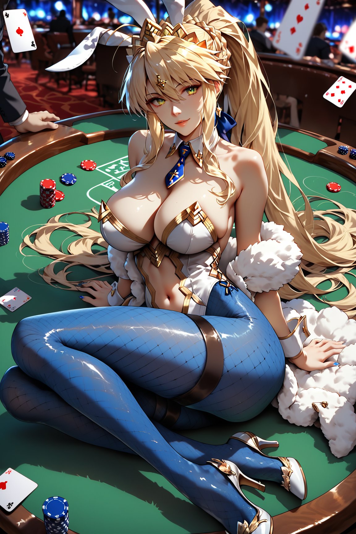 score_9, score_8_up, score_7_up, score_6_up, score_5_up, score_4_up, source_anime, PRSNL, casino, poker table behind, solo, 1girl Artoria Ruler \(Fate Grand Order\), white bunny suit, blue fishnet tights, white high heels, belly button, ponytail,