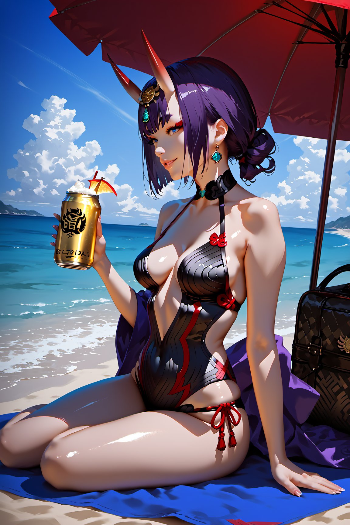 score_9, score_8_up, score_7_up, score_6_up, score_5_up, score_4_up, source_anime, realistic, PRSNL, detailed body, detailed hair, detailed background, perfect hands, 1girl, solo, Shuten-doji \(Fate Grand Order\), beach, under beach umbrella, W-Sitting, swimsuit, shiny skin, smiling, looking away, holding a beer can in one hand, expressive, dramatic shadow, dramatic lighting, side view