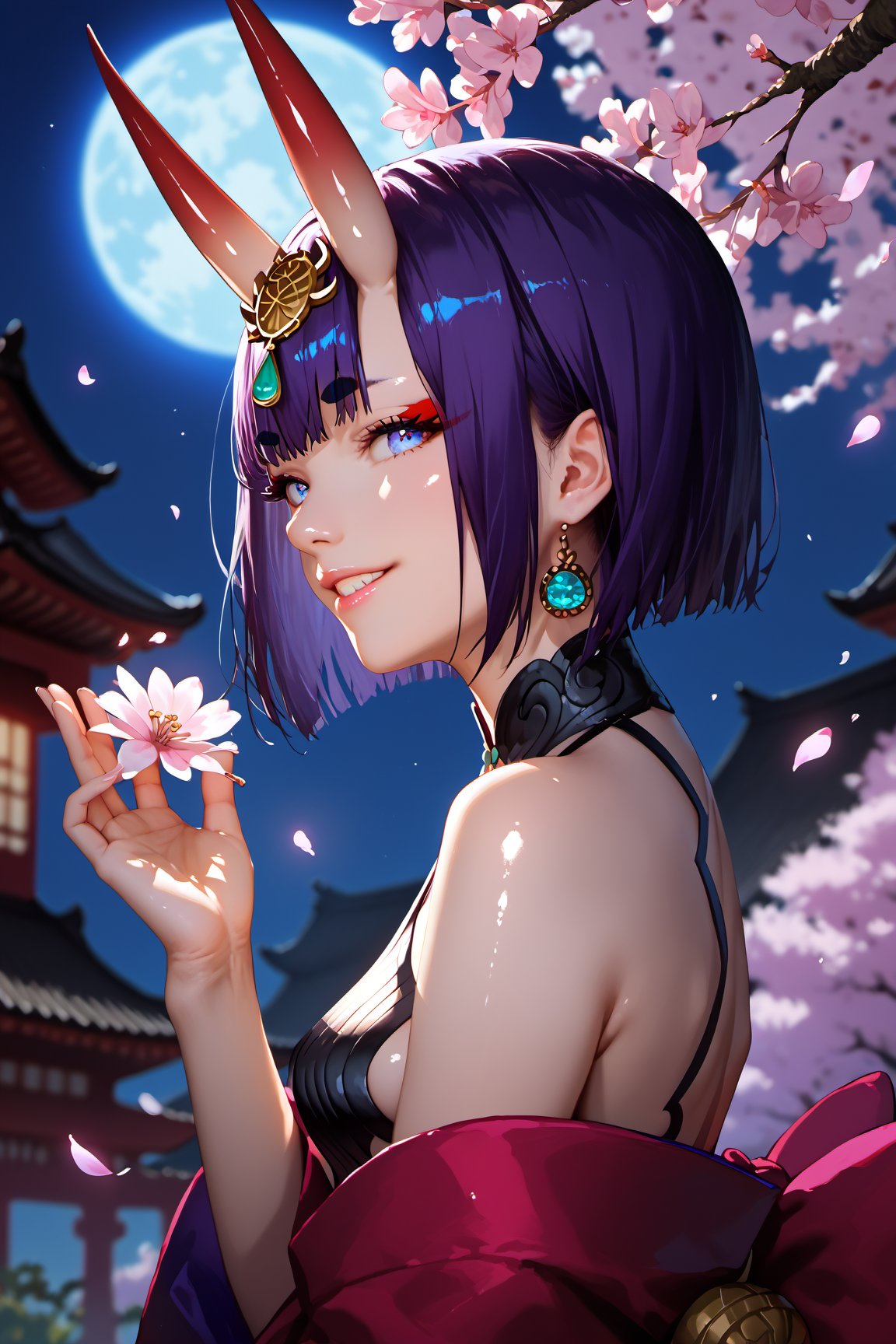 score_9, score_8_up, score_7_up, score_6_up, score_5_up, score_4_up, source_anime, realistic, PRSNL, detailed body, detailed hair, detailed background, perfect hands, night, moonlight, 1girl, solo, Shuten-doji \(Fate Grand Order\), In front of cherry blossoms in full bloom, sitting cross-legged, smiling, Shiny skin, glow shine, Looking away, Expressive, dramatic shadow, natural light, depth of field, side view