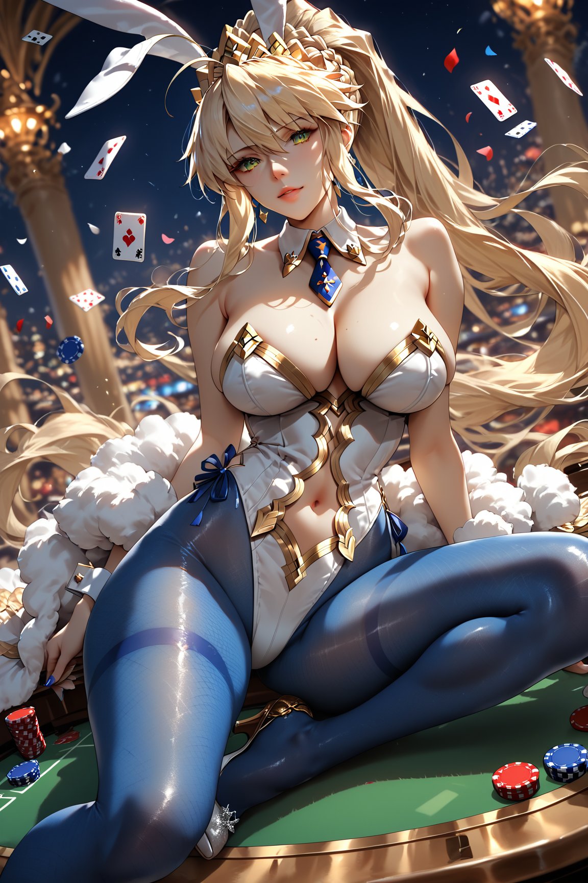 score_9, score_8_up, score_7_up, score_6_up, score_5_up, score_4_up, source_anime, PRSNL, casino, poker table behind, solo, 1girl Artoria Ruler \(Fate Grand Order\), white bunny suit, blue fishnet tights, white high heels, belly button, ponytail,