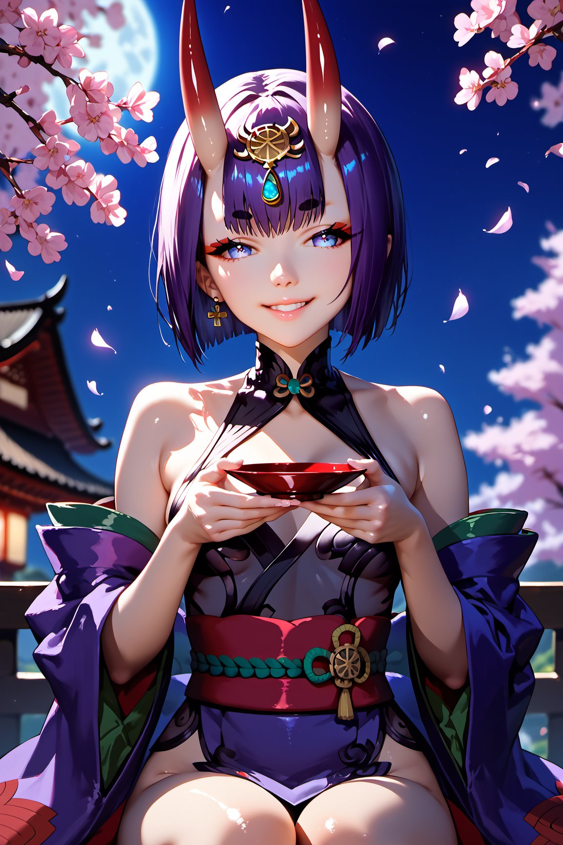 score_9, score_8_up, score_7_up, score_6_up, score_5_up, score_4_up, source_anime, realistic, PRSNL, detailed body, detailed hair, detailed background, perfect hands, night, moonlight, 1girl, solo, Shuten-doji \(Fate Grand Order\), In front of cherry blossoms in full bloom, holding a sake cup in one hand, sitting cross-legged, smiling, Shiny skin, Looking away, Expressive, dramatic shadow, dramatic lighting, depth of field,  front view