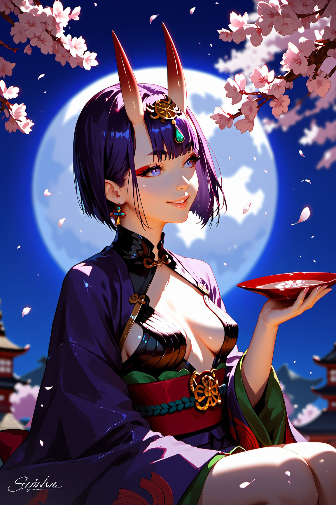 score_9, score_8_up, score_7_up, score_6_up, score_5_up, score_4_up, source_anime, realistic, PRSNL, detailed body, detailed hair, detailed background, perfect hands, night, moonlight, 1girl, solo, Shuten-doji \(Fate Grand Order\), In front of cherry blossoms in full bloom, holding a sake cup in one hand, sitting cross-legged, smiling, Shiny skin, Looking away, Expressive, dramatic shadow, dramatic lighting, depth of field,