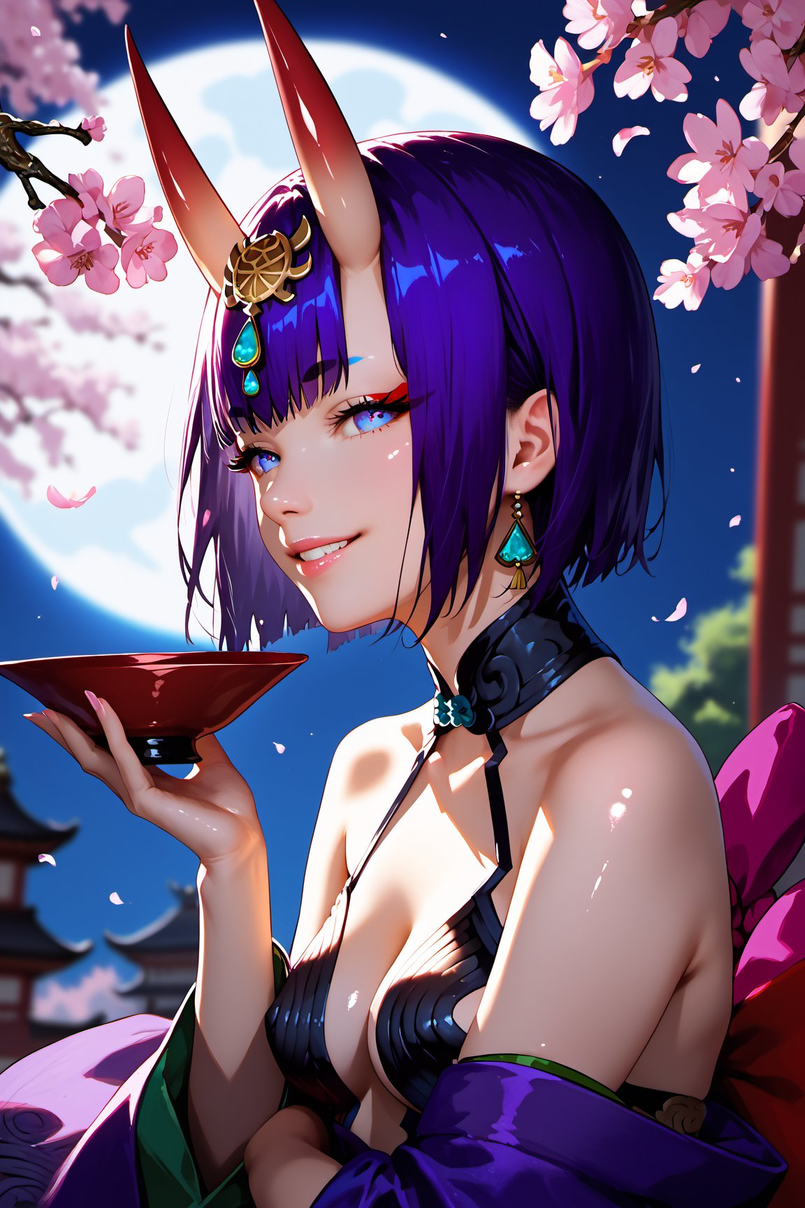 score_9, score_8_up, score_7_up, score_6_up, score_5_up, score_4_up, source_anime, realistic, PRSNL, detailed body, detailed hair, detailed background, perfect hands, night, moonlight, 1girl, solo, Shuten-doji \(Fate Grand Order\), In front of cherry blossoms in full bloom, holding a sake cup in one hand, sitting cross-legged, smiling, Shiny skin, Looking away, Expressive, dramatic shadow, dramatic lighting, depth of field, side view