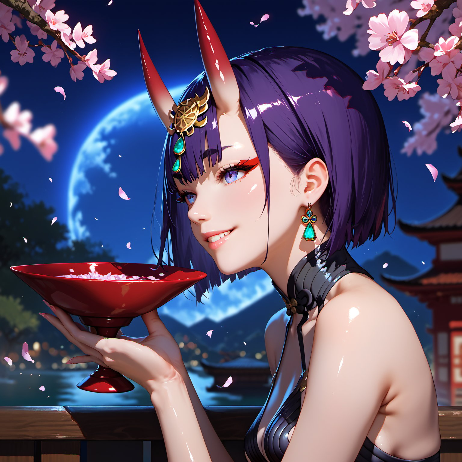 score_9, score_8_up, score_7_up, score_6_up, score_5_up, score_4_up, source_anime, realistic, PRSNL, detailed body, detailed hair, detailed background, perfect hands, night, moonlight, 1girl, solo, Shuten-doji \(Fate Grand Order\), In front of cherry blossoms in full bloom, holding a sake cup in right hand, sitting cross-legged, smiling, Shiny skin, glow shine, Looking away, Expressive, dramatic shadow, natural light, depth of field, side view