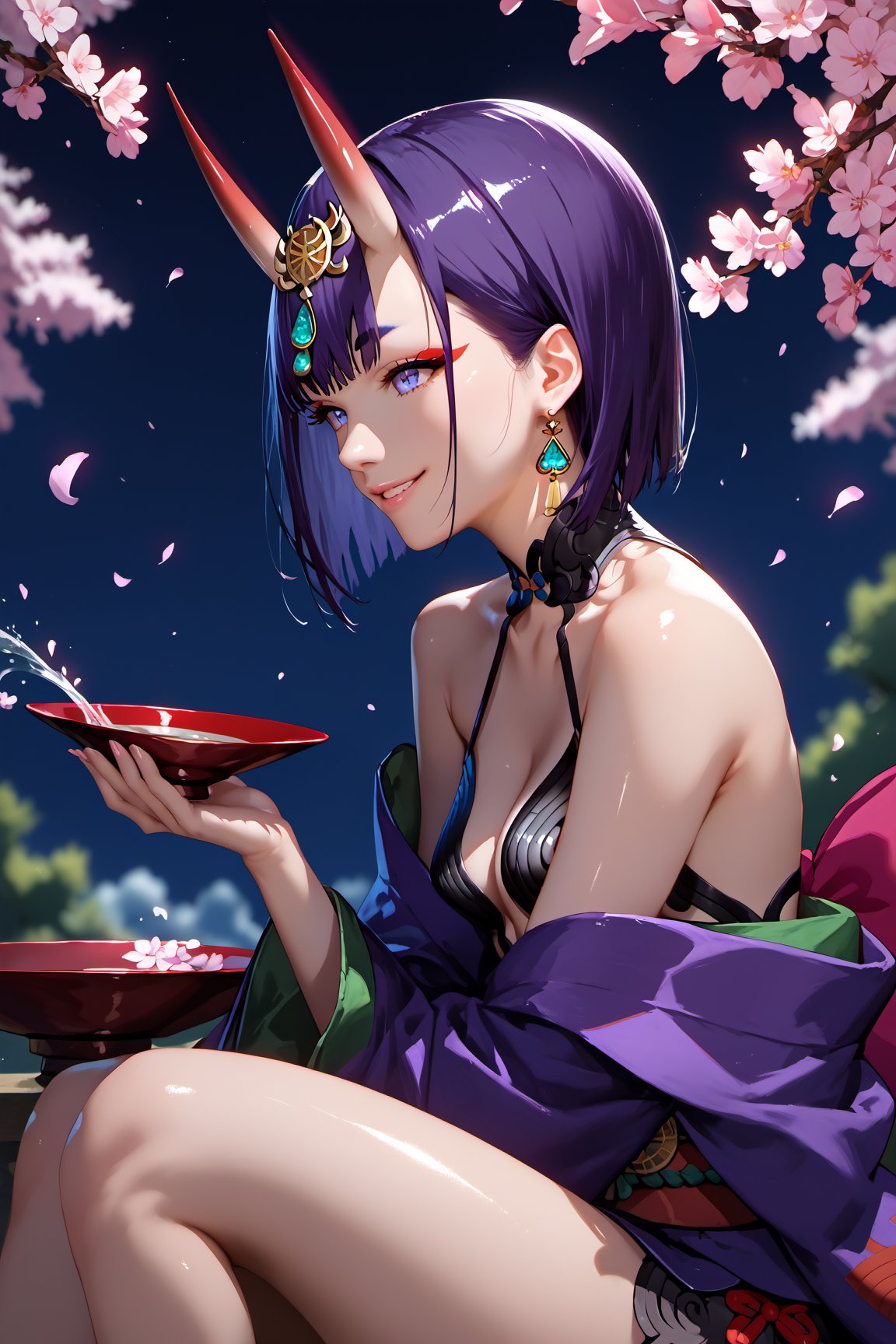 score_9, score_8_up, score_7_up, score_6_up, score_5_up, score_4_up, source_anime, realistic, PRSNL, detailed body, detailed hair, detailed background, perfect hands, night, moonlight, 1girl, solo, Shuten-doji \(Fate Grand Order\), In front of cherry blossoms in full bloom, holding a sake cup in right hand, sitting cross-legged, smiling, Shiny skin, glow shine, Looking away, Expressive, dramatic shadow, natural light, depth of field, side view