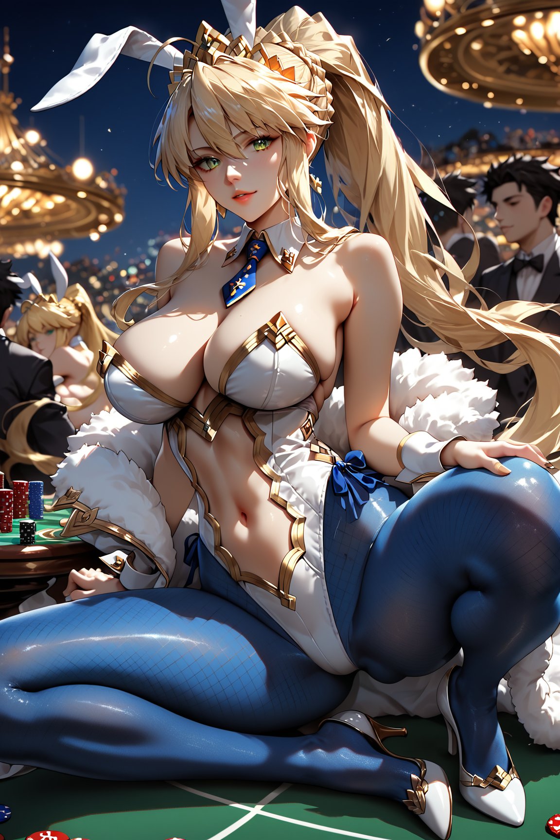 score_9, score_8_up, score_7_up, score_6_up, score_5_up, score_4_up, source_anime, PRSNL, casino, poker table behind, solo, 1girl Artoria Ruler \(Fate Grand Order\), white bunny suit, blue fishnet tights, white high heels, belly button, ponytail,