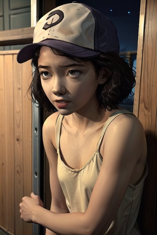 clementine, (afraid:1.5),sad,dark_forest,nighttime,baseball_cap,brown_skin