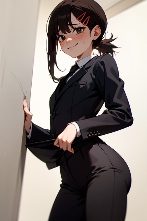 (masterpiece, best quality:1.2), 1girl, solo, kobeni higashiyama, brown hair, hair ornament, hairclip, ponytail, short hair, brown eyes, black necktie, black pants, formal, long sleeves,petite,simple background,closed_mouth,nervous,nervous_smile,stiff,