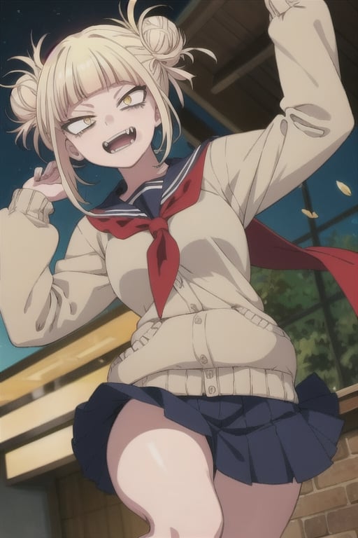 TogaHimiko,My_Hero_Academia,Boku_no_Hero_Academia, (1girl, solo), (perfect eyes), blonde hair, double bun, messy hair, bangs, yellow eyes, serafuku, bags under eyes,fangs, smile, blue skirt, long sleeves, looking at viewer, red neckerchief,blood_spatter,bar,