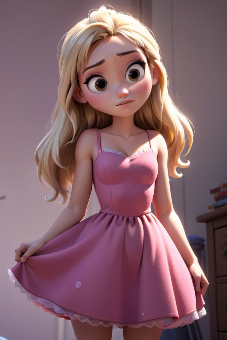 girl,disney pixar style,blonde,pink dress