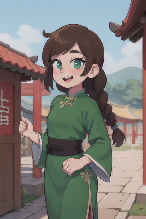 1girl, solo,teen,(teenager:1.3),(chinese_female:1.1),medieval_setting,
brown hair,braids,hair_accessories,eyes_squinted,
happy,teeth,standing,
green clothes,(quipao),medieval clothes,dojo in background