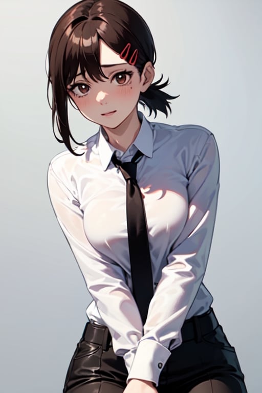 (masterpiece, best quality:1.2), 1girl, solo, kobeni higashiyama, brown hair, hair ornament, hairclip, ponytail, short hair, brown eyes, black necktie, black pants, formal, long sleeves, necktie, simple background, cute