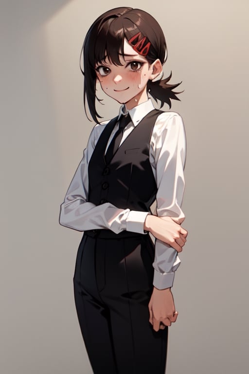 (masterpiece, best quality:1.2), 1girl, solo, kobeni higashiyama, brown hair, hair ornament, hairclip, ponytail, short hair, brown eyes, black necktie, black pants, formal, long sleeves,petite,simple background,closed_mouth,nervous,nervous_smile,stiff,sweat_drop