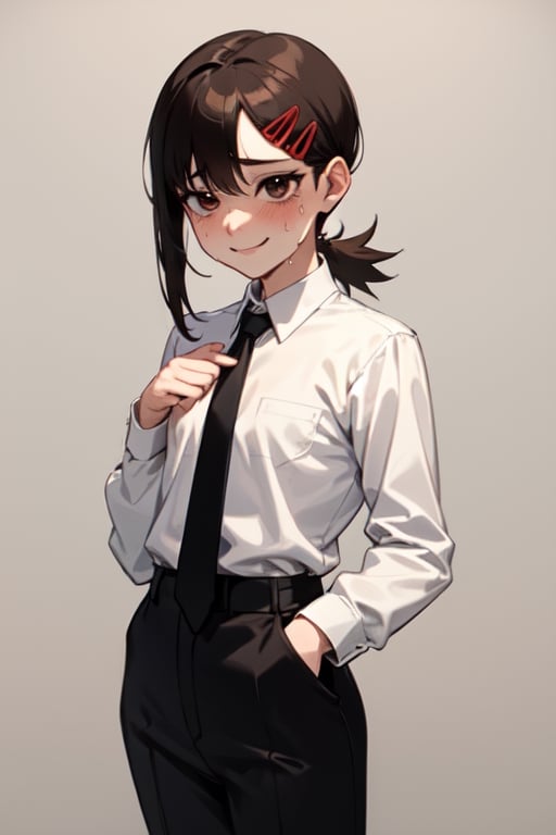 (masterpiece, best quality:1.2), 1girl, solo, kobeni higashiyama, brown hair, hair ornament, hairclip, ponytail, short hair, brown eyes, black necktie, black pants, formal, long sleeves,petite,simple background,closed_mouth,nervous,nervous_smile,stiff,sweat_drop