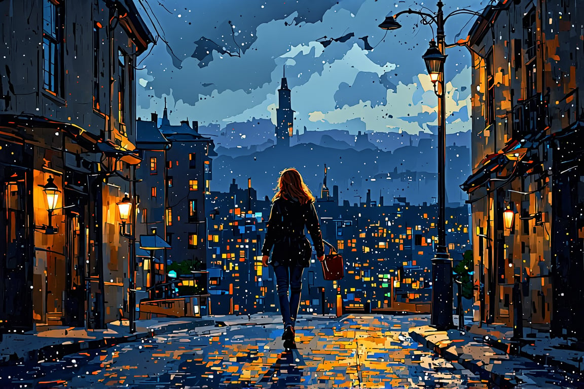 (Peter Glick's masterpiece's painterly composition of light and shadow embodies the essence of the human soul. This digital artwork captivates the viewer with its exquisite attention to detail and meticulous brushwork. The main subject is a breathtaking landscape, expertly depicted through the artist's masterful use of color and texture. A lone young woman walking through the city at night is depicted at a side angle. Glick's work embodies the pinnacle of artistic achievement and leaves an unforgettable impression of beauty and brilliance), Detailed texture, High quality, High resolution, High precision, Realism, Color correction, Proper lighting settings, Harmonious composition, Behance Works