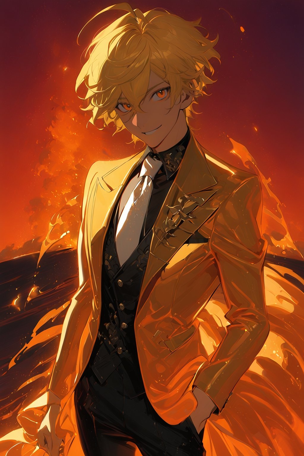 1 boy, alone, short hair, blonde hair, wavy hair, pixie cut, bangs, ahoge, orange eyes, smile, gold suit, gold jacket, black vest, black shirt, black pants, white tie, decorated clothes, perfect light, red sky, niji5, cowboy shot