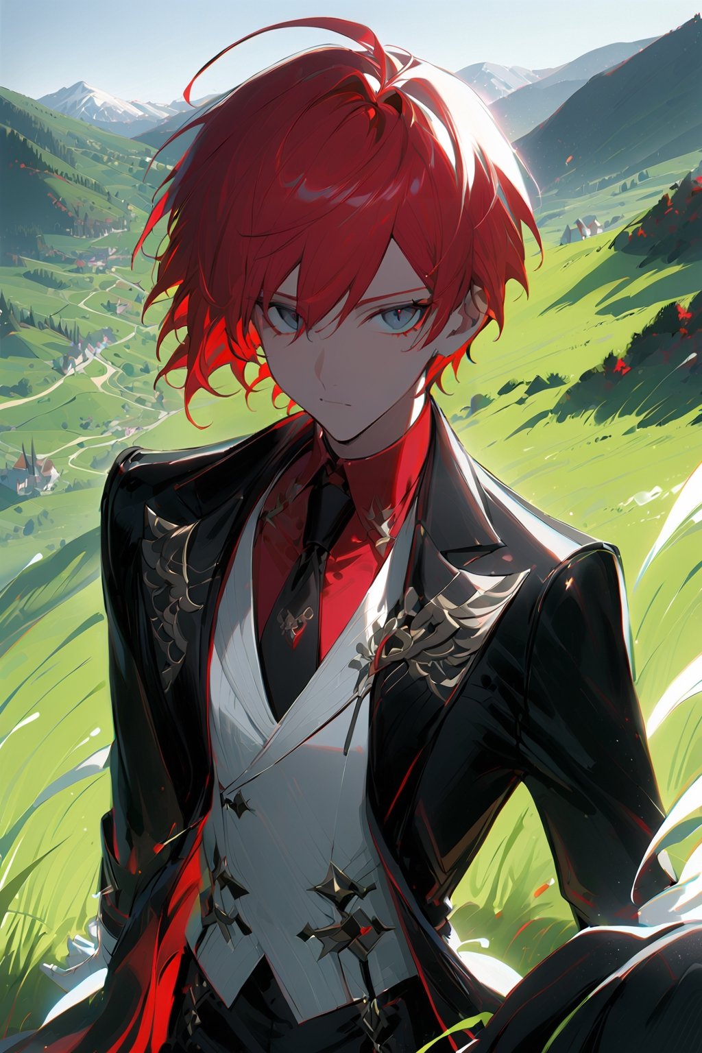 1 boy, alone, short hair, red hair, pixie cut, bangs, ahoge, gray eyes, expressionless, black suit, black tie, black jacket, white vest, red shirt, black pants, white gloves, decorated clothes, perfect light, hills, green grass,niji5