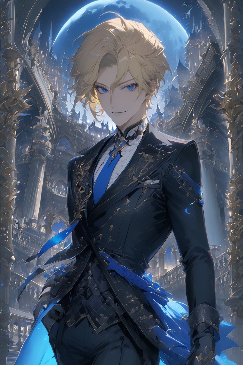 1 boy, alone, short hair, pale blonde hair, pixie cut, hair open forehead, dark blue eyes, smile, black suit, blue tie, black jacket, gray vest, white shirt, black pants, gray gloves, decorated clothing, light perfect, palace, night city, moon, niji5, cowboy shot