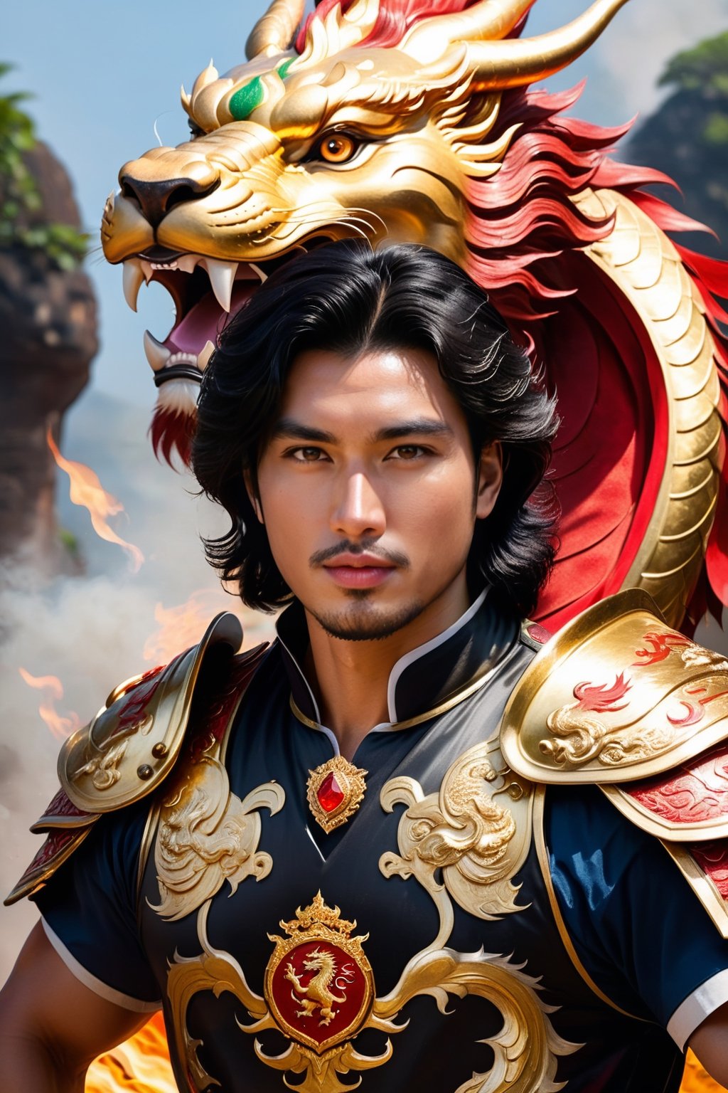 A handsome,VIP, Vietnamese man,black hair with white highlight,he wear a golden dragon amor, right hand hold a large lion Shield, his left hand hold a curve sword with ruby.His teammate a fierce red eastern dragon are blowing fire.