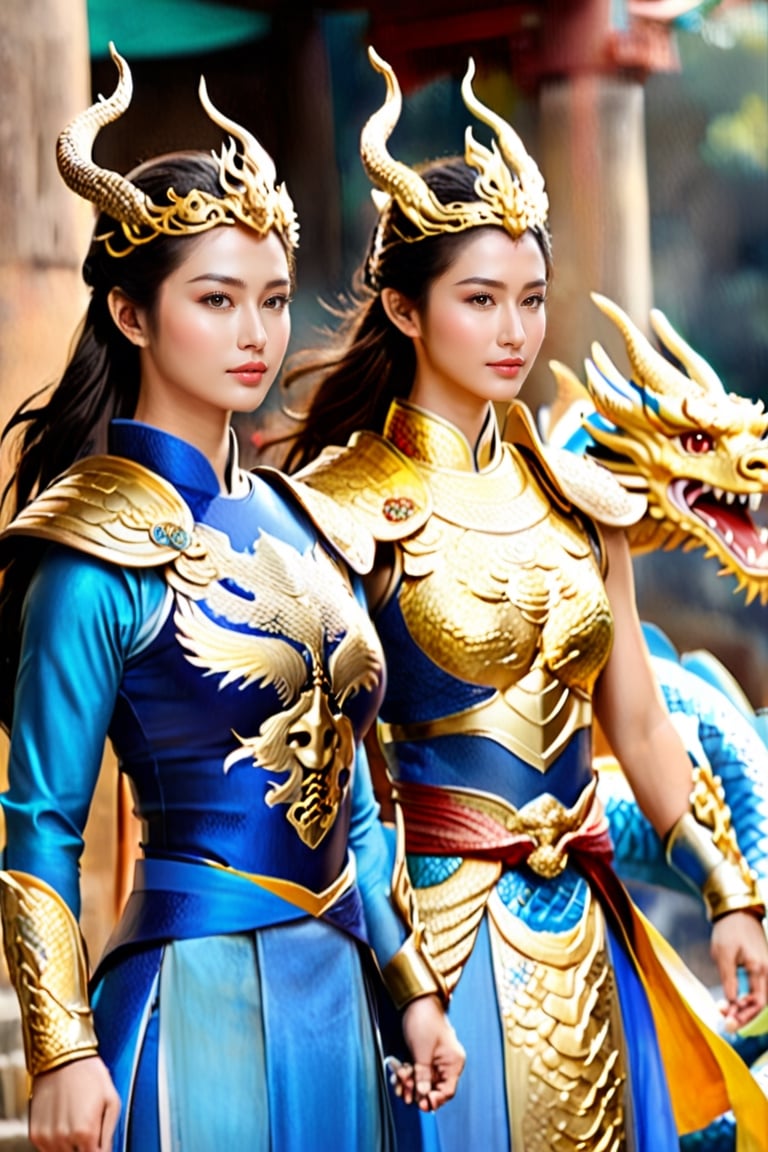 The female warriors of Olympus stood ready for battle, their weapons and armor at the ready. One of them wore a blue ao dai with gold armor adorned with a dragon pattern covered in gold.The other warriors looked on with respect and admiration, knowing that their comrade was a skilled fighter and a fierce ally. As they prepared to face their enemy, they knew that they would fight with honor and courage, just as their ancestors had done before them. Their spirits were strong, their minds focused, and their hearts filled with determination. They were the protectors of Olympus, and they would defend their home at any cost.