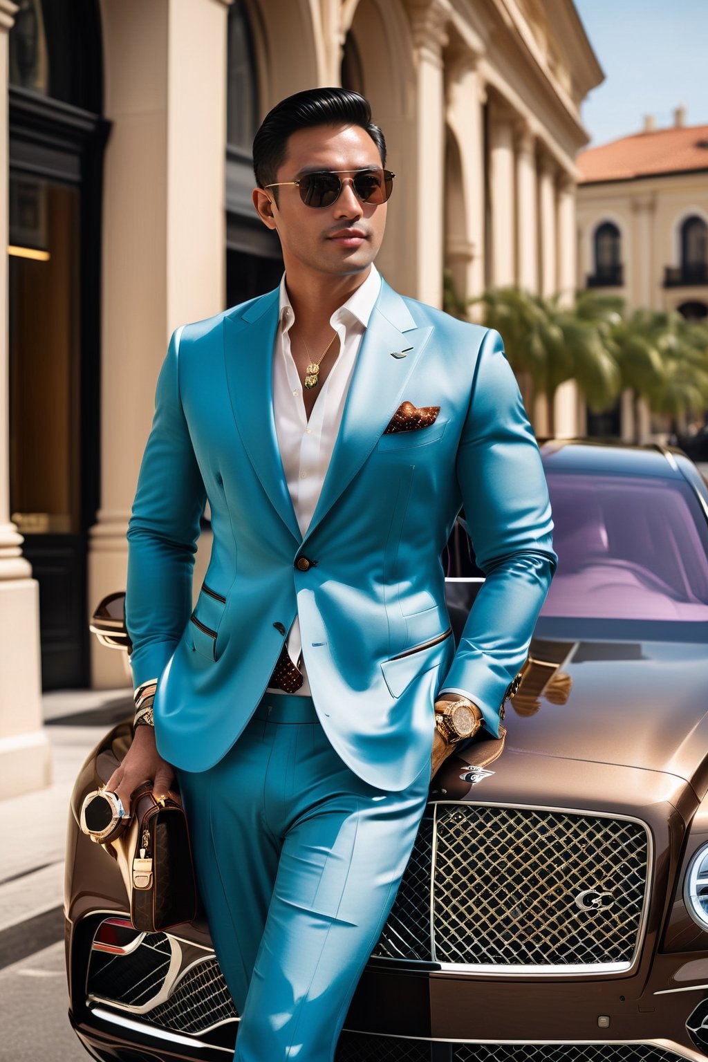 A handsome VIP Vietnamese man in a luxury suit and Gucci sunglasses stands in front of his Bentley SUV, smoking a cigar while glancing at his Vacheron gold watch. The background shows a downtoThe successful businessman stands tall in his impeccably tailored luxury suit, adorned with a sophisticated LV bag. His Gucci sunglasses shield his eyes from the bright sun as he takes a moment to enjoy his surroundings. He leans against his sleek and powerful Bentley SUV, puffing on a fragrant cigar as he glances down at his wrist to check the time on his exquisite Vacheron gold watch. The backdrop of a bustling downtown creates an interesting contrast to the serene image of the businessman taking a momentary break from his busy schedule.wn area.,r4w photo