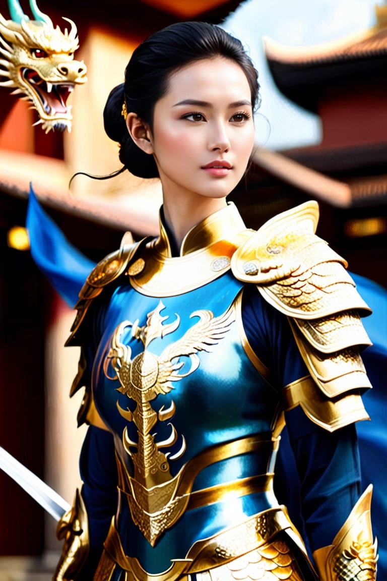 The Vietnamese female warriors of Olympus stood ready for battle, their weapons and armor at the ready. One of them wore a blue ao dai with gold armor adorned with a dragon pattern covered in gold.The other warriors looked on with respect and admiration, knowing that their comrade was a skilled fighter and a fierce ally. As they prepared to face their enemy, they knew that they would fight with honor and courage, just as their ancestors had done before them. Their spirits were strong, their minds focused, and their hearts filled with determination. They were the protectors of Olympus, and they would defend their home at any cost.,man