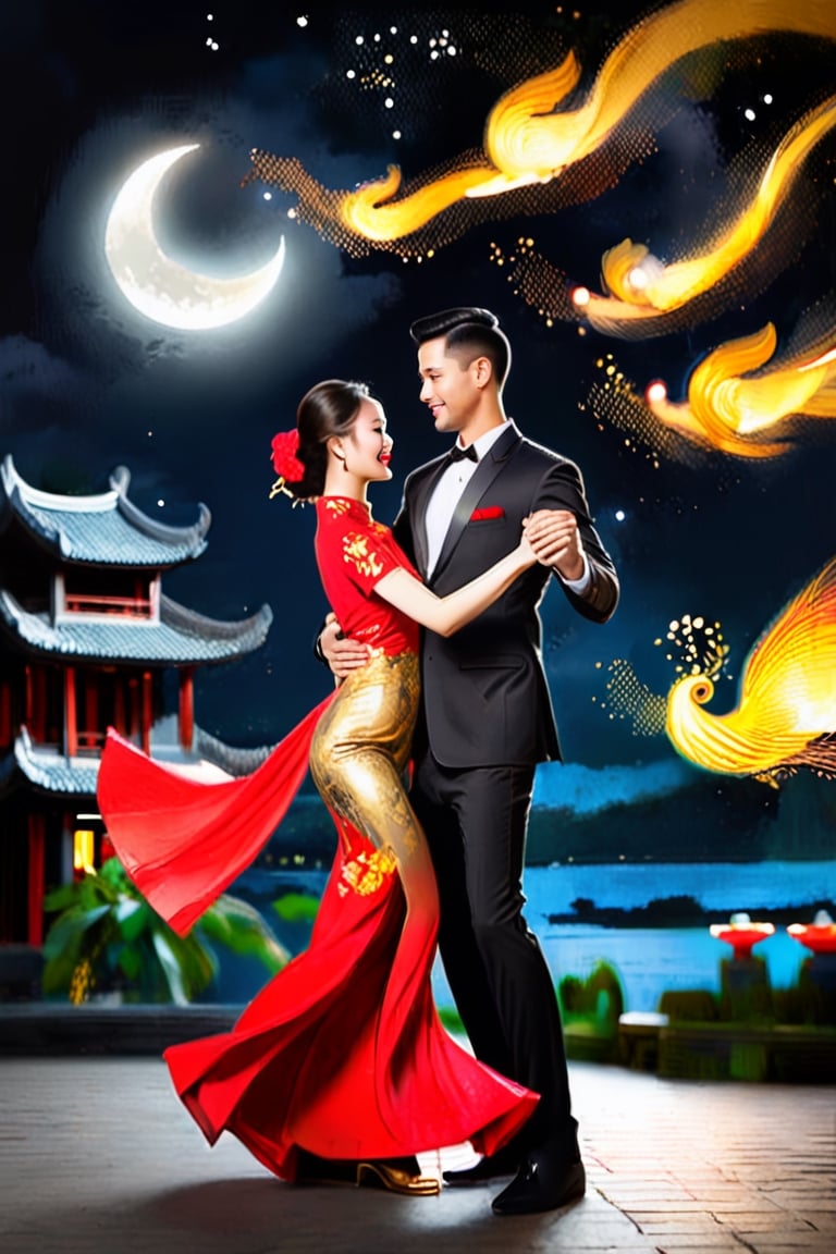 An outine of couple Vietnamese dancing under a dark night sky, black backround, in the style of (light painting)art, The women wear red gold ao dai , the men wear black suit.