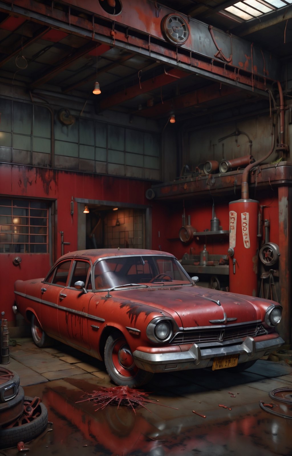 A photo realistic image of a complete rusted, four-door, (((blood red))), (((1958 Plymouth Fury))) in an old garage full of tools, night, focus on the intricate details of its faded paint job, the wear and tear on the tires, and the aged textures of the metal body. Use the multi-prompt "car::photorealistic::rust" with a prompt weighting of "rust" to emphasize the aged textures and worn out look of the car, car,photo r3al