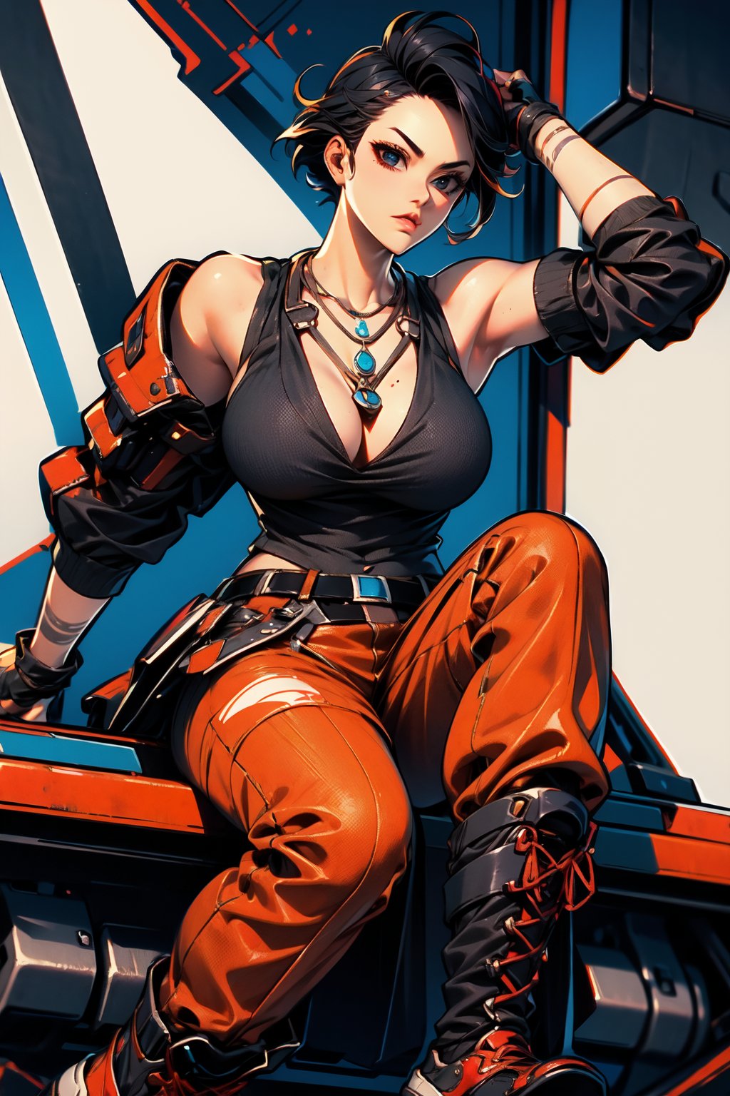 solo,(masterpiece),illustration,8k,ray tracing,finely detailed,best detailed,Clear picture,

black hair,short hair,large_breast,cleavage,fingerless_glove,thick-thighs,necklace,boots,muscular,tattoo,belt,armpit,cleavage,navel

,groin focus,low-angle_shot,sitting on objet,(masterpiece, best quality, absurdresm, absurdres,highres