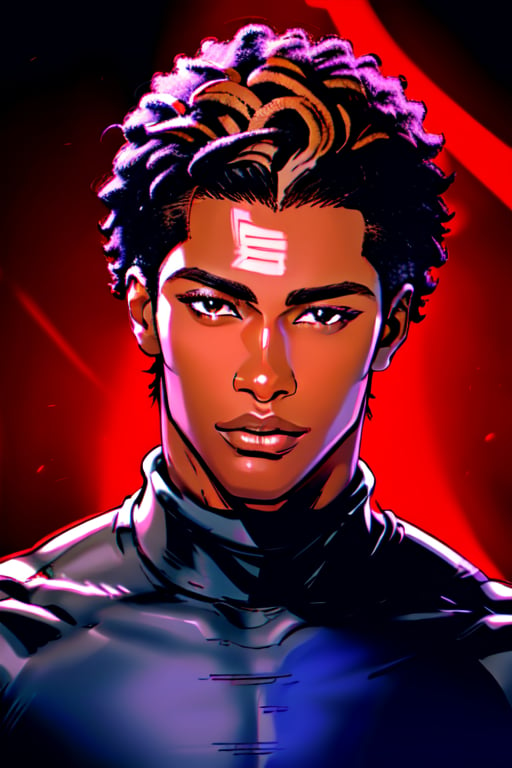 masterpiece, best quality, detail, sole_male, brown_skin, face, turtleneck, handsome, harmony, mewing, definided jaw, sharp well-contoured jawline, symmetrical, cheekbones, dark skinned, black eyes, face, eyes almond-shaped, afro nose straight proportionate, black hair,1boy,dark-skinned female