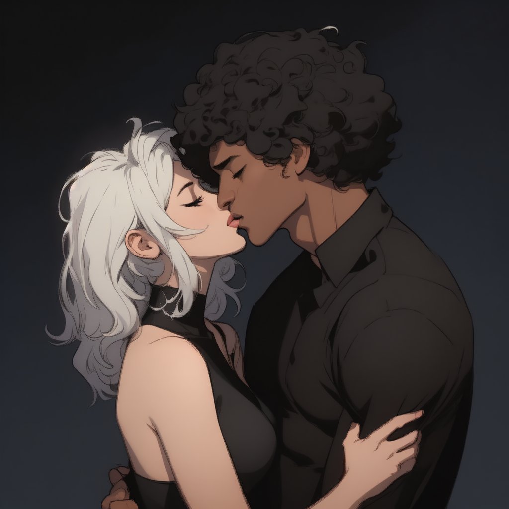 A tender moment captured on a warm summer evening. A beautiful girl with short hair gazes up at an Afro boy with luscious black locks, their faces inches apart as they share a passionate French kiss. The hetero couple's closed eyes convey their surrender to the intimacy. The dark-skinned male's smooth dark skin glistens in the soft light. He wears a simple shirt that complements her features. His strong hands cradle her head, showcasing his affection.