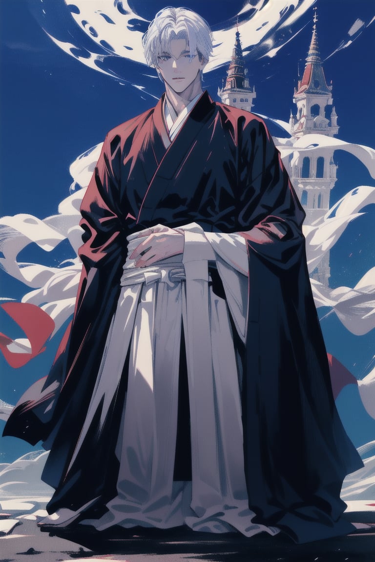 masterpiece, best quality, full detailed,1boy, gojo satoru, full body, eyes, nose, stand, castle background, basic prince royal clothes, best quality, white hair, white skin, blue eyes, Jujutsu Kaisen