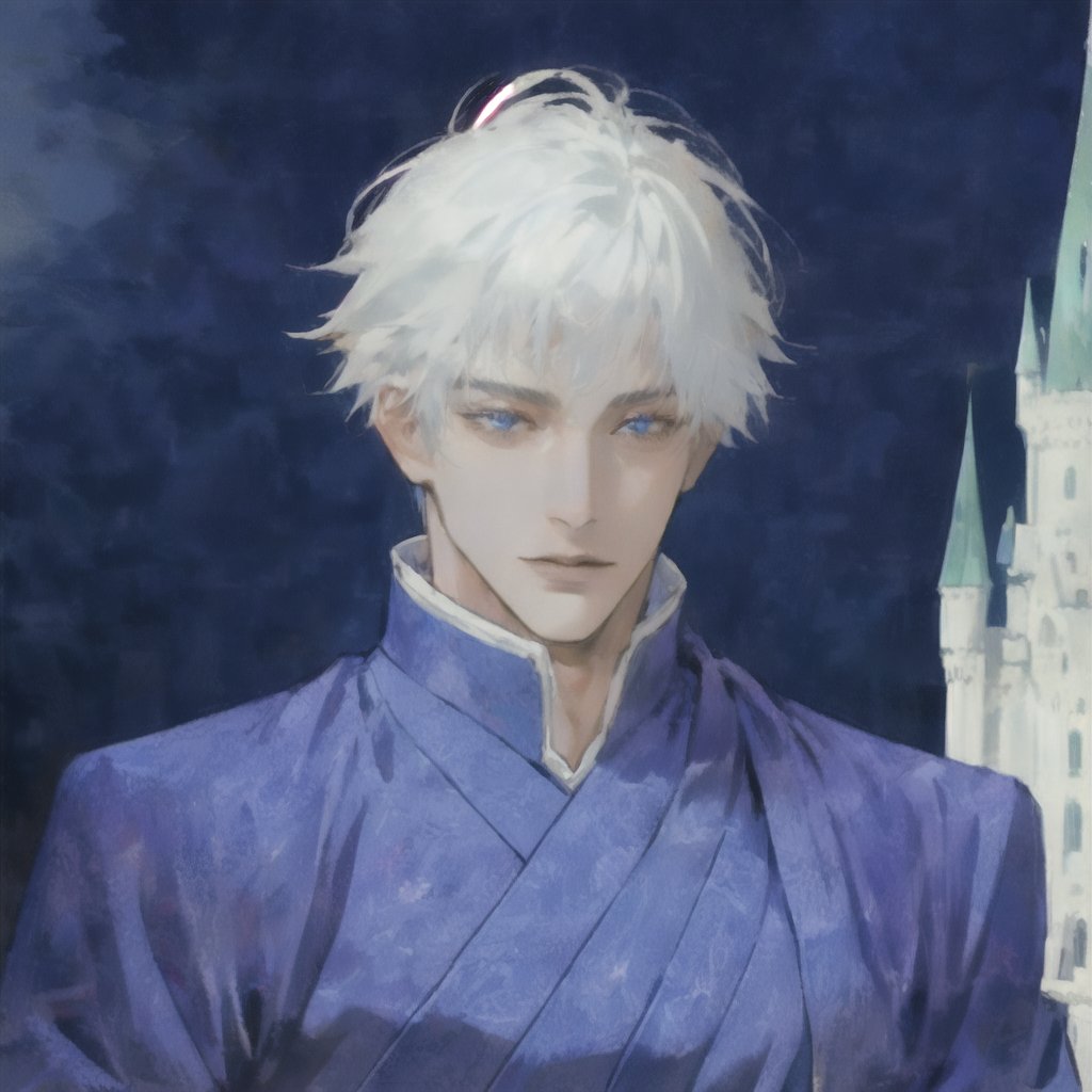 masterpiece, best quality, full detailed,1man, gojo satoru, full body, eyes, nose, stand, sky blue black backgorund, castle, basic king royal clothes, best quality, white hair, white skin, blue eyes, handsome