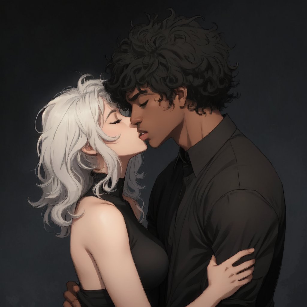 1girl, 1afroboy, french kiss, hetero, touch lips, closed eyes, short hair, dark-skinned male, dark skin, shirt, black afro hair