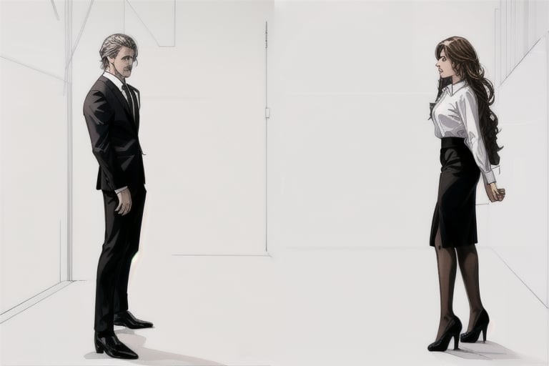 two different sketches of a guy with a woman wearing a dress, business suit, 1girl, suit, 1boy, white hair, long hair, formal, skirt, brown hair, pantyhose, black footwear, shirt, black skirt, white shirt, high heels, white background, 