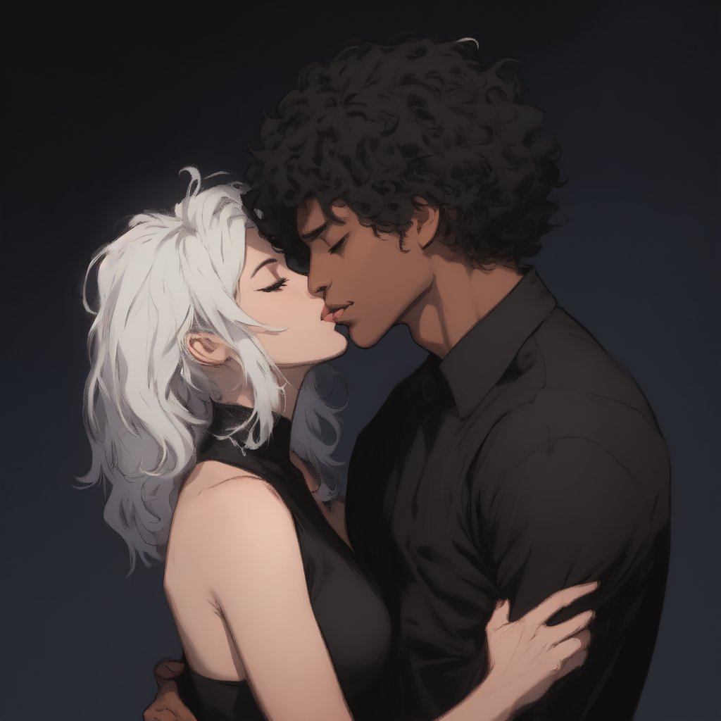 A tender moment captured on a warm summer evening. A beautiful girl with short hair gazes up at an Afro boy with luscious black locks, their faces inches apart as they share a passionate French kiss. The hetero couple's closed eyes convey their surrender to the intimacy. The dark-skinned male's smooth dark skin glistens in the soft light. He wears a simple shirt that complements her features. His strong hands cradle her head, showcasing his affection.