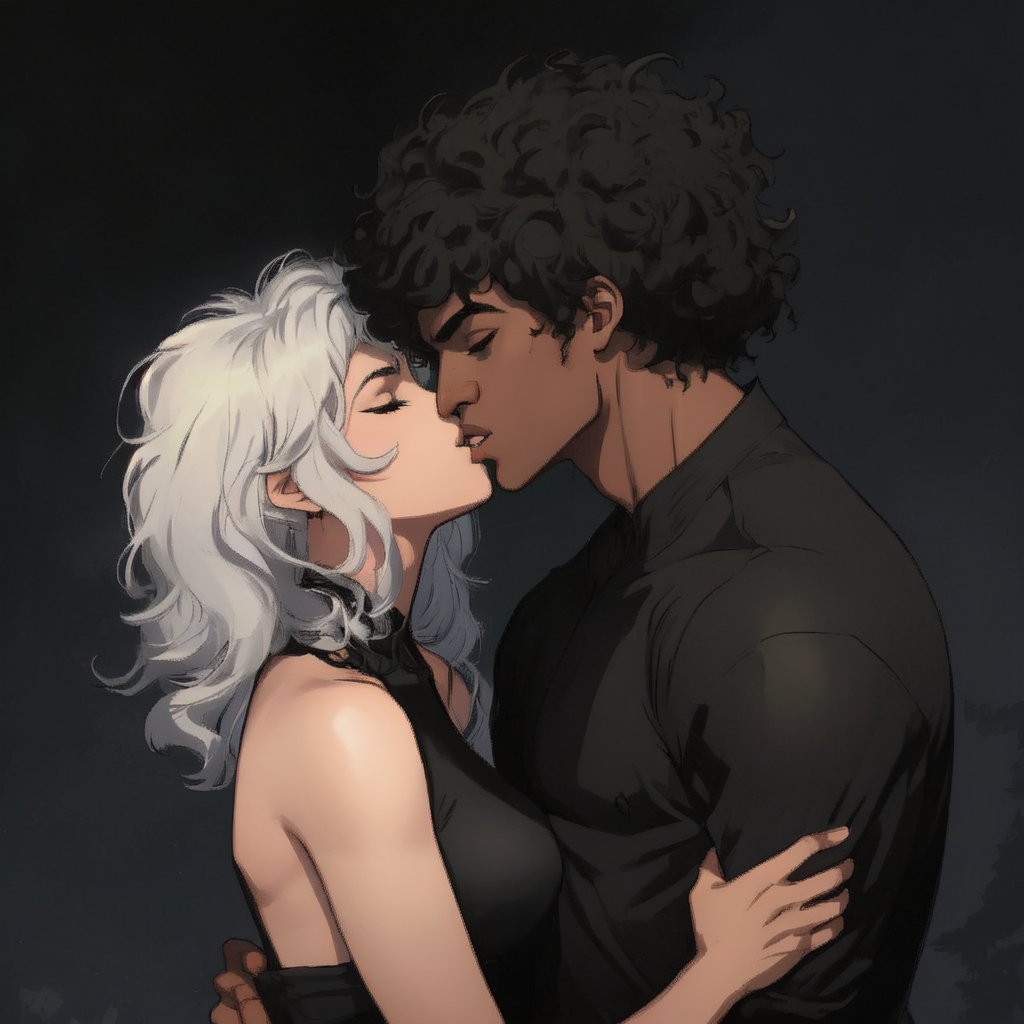 1girl, 1afroboy, french kiss, hetero, closed eyes, short hair, dark-skinned male, dark skin, shirt, black afro hair, better hands