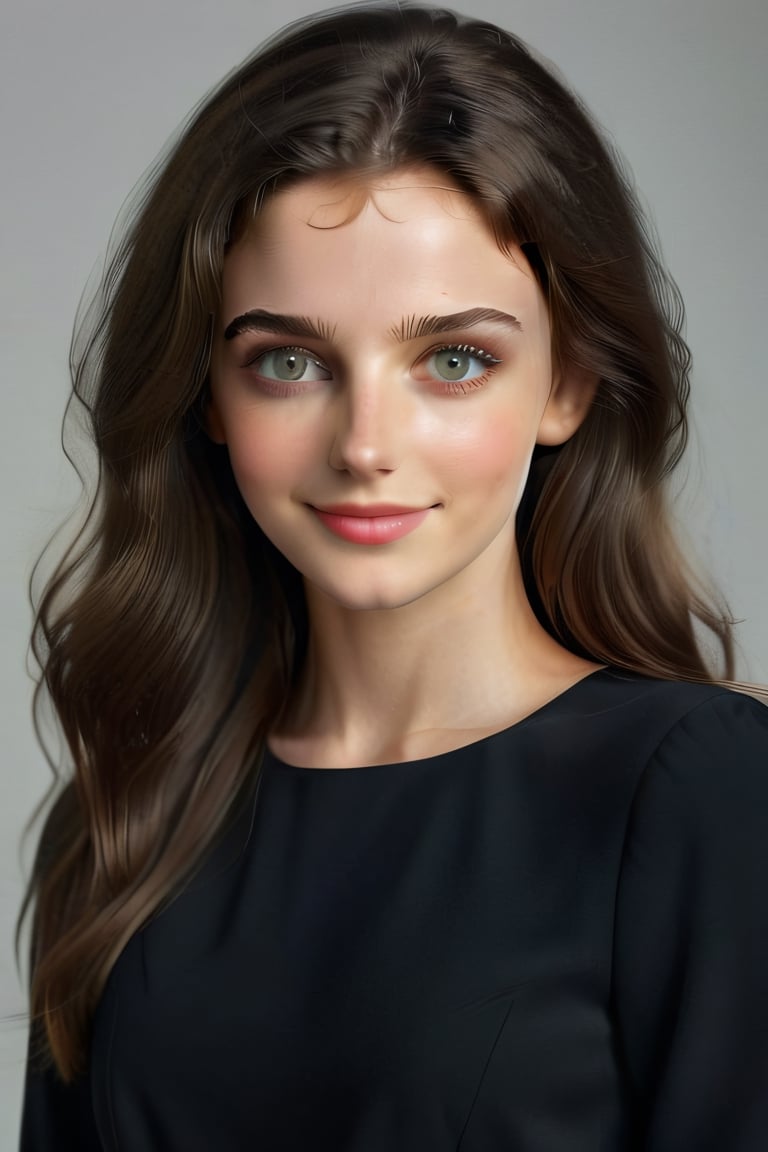 (masterpiece) (Full hd) (Photo), (realistic) 1women, teen, torso, caucasian, British, white_skin, brown_eyes, black hair, long hair, black_dress, deva cassel, pretty, beauty, simple_background, smiling