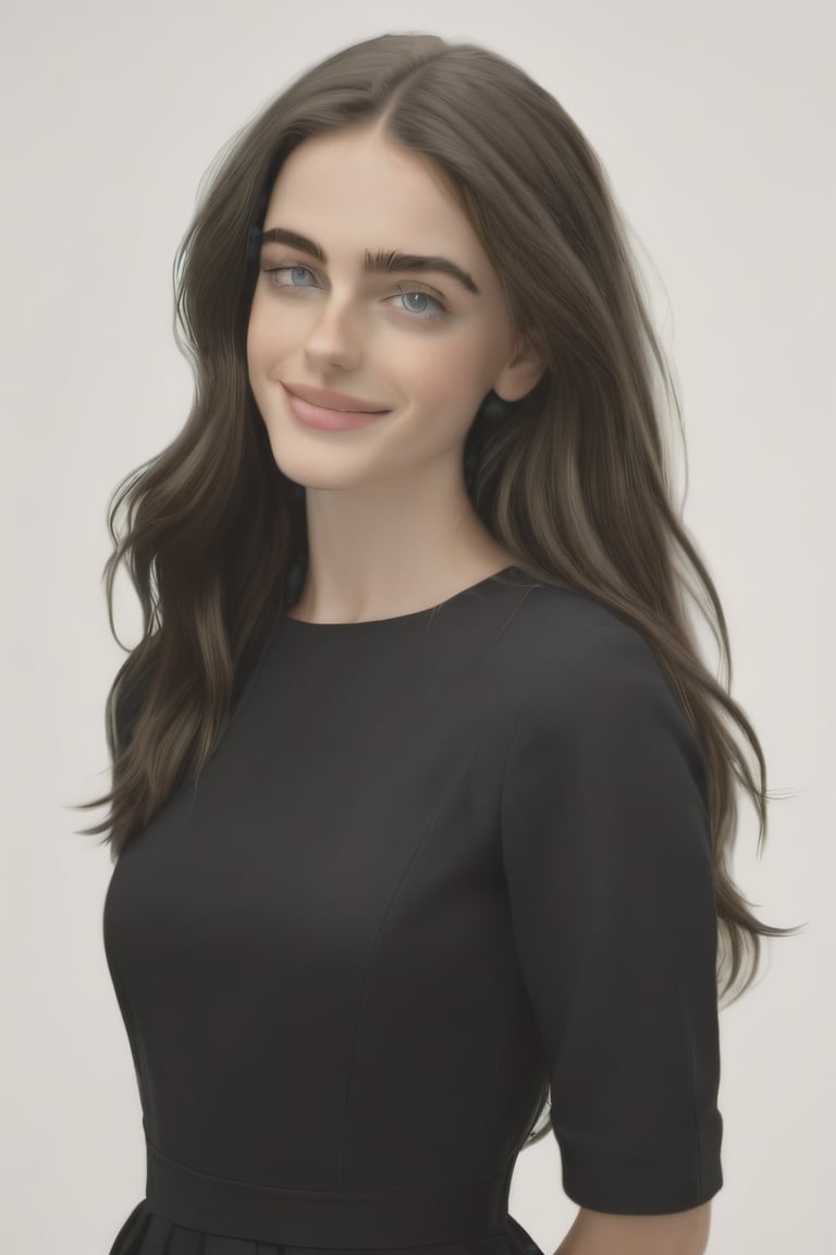 (masterpiece) (Full hd) (Photo), (realistic) 1women, teen, torso, caucasian, British, white_skin, black_eyes, black hair, long hair, black_dress, deva cassel, pretty, beauty, simple_background, smiling