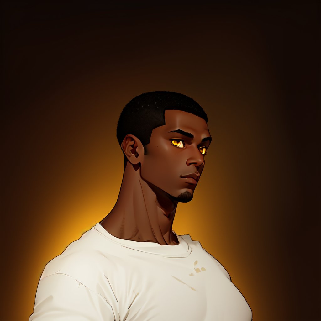 solo_afro_boy, brown skln, male focus, solo, round nose, big lips, very short hair, white shirt, buzz cut, pectorals, black background, short hair, yellow eyes, looking at viewer, dark skin, black hair, upper body, muscular