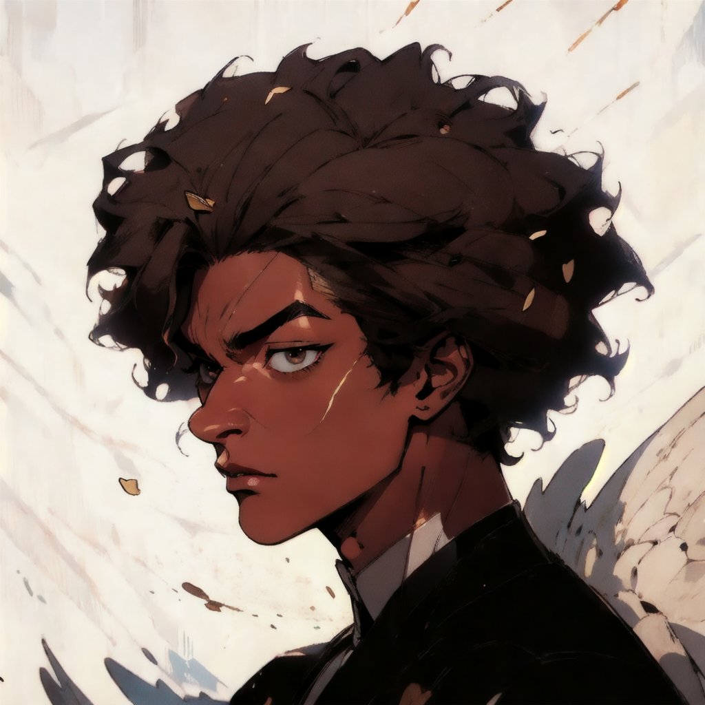 masterpiece, best quality, detail, sole_boy, brown_skin, handsome, harmony, mewing, definided jaw, sharp well-contoured jawline, symmetrical, cheekbones, dark skinned, black eyes, face, eyes almond-shaped, afro nose straight proportionate, Cupid's bow on the upper lip, lips are full and well-defined, mouth, groomed eyebrows, black hair