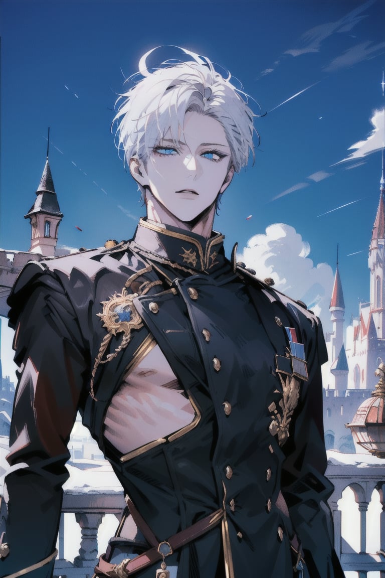 Highly detailed, High Quality, Masterpiece, Beutiful, (Medium long shot) ,anime,1guy, handsome, perfect eyes, perfect nose, standing, castle background, basic prince royal clothes, best quality, white hair, white skin, blue eyes,fantasy