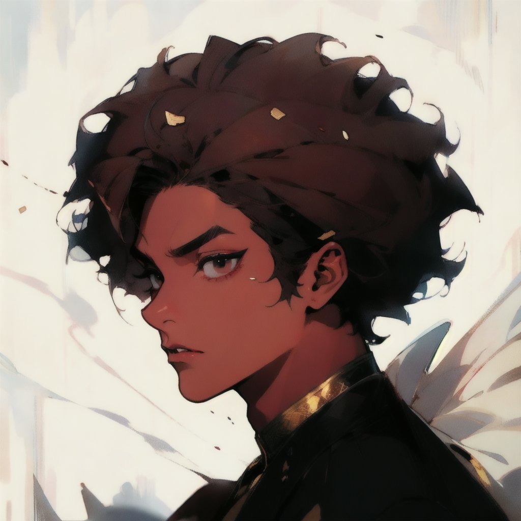 masterpiece, best quality, detail, sole_boy, brown_skin, handsome, harmony, mewing, definided jaw, sharp well-contoured jawline, symmetrical, cheekbones, dark skinned, black eyes, face, eyes almond-shaped, afro nose straight proportionate, Cupid's bow on the upper lip, lips are full and well-defined, mouth, groomed eyebrows, black hair