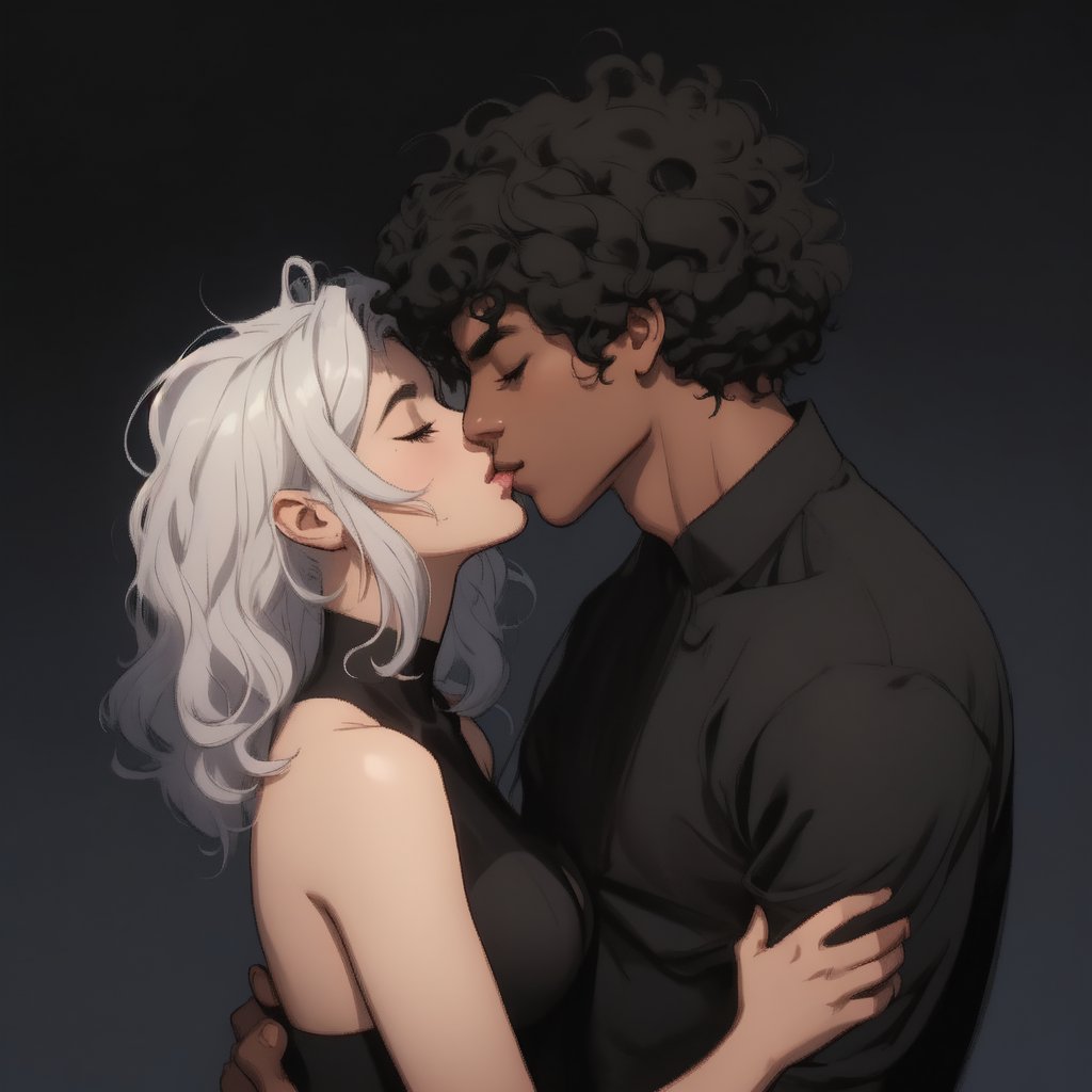 A tender moment captured on a warm summer evening. A beautiful girl with short hair gazes up at an Afro boy with luscious black locks, their faces inches apart as they share a passionate French kiss. The hetero couple's closed eyes convey their surrender to the intimacy. The dark-skinned male's smooth dark skin glistens in the soft light. He wears a simple shirt that complements her features. His strong hands cradle her head, showcasing his affection.