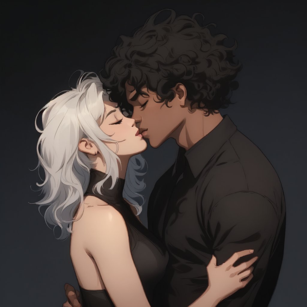 A tender moment captured on a warm summer evening. A beautiful girl with short hair gazes up at an Afro boy with luscious black locks, their faces inches apart as they share a passionate French kiss. The hetero couple's closed eyes convey their surrender to the intimacy. The dark-skinned male's smooth dark skin glistens in the soft light. He wears a simple shirt that complements her features. His strong hands cradle her head, showcasing his affection.