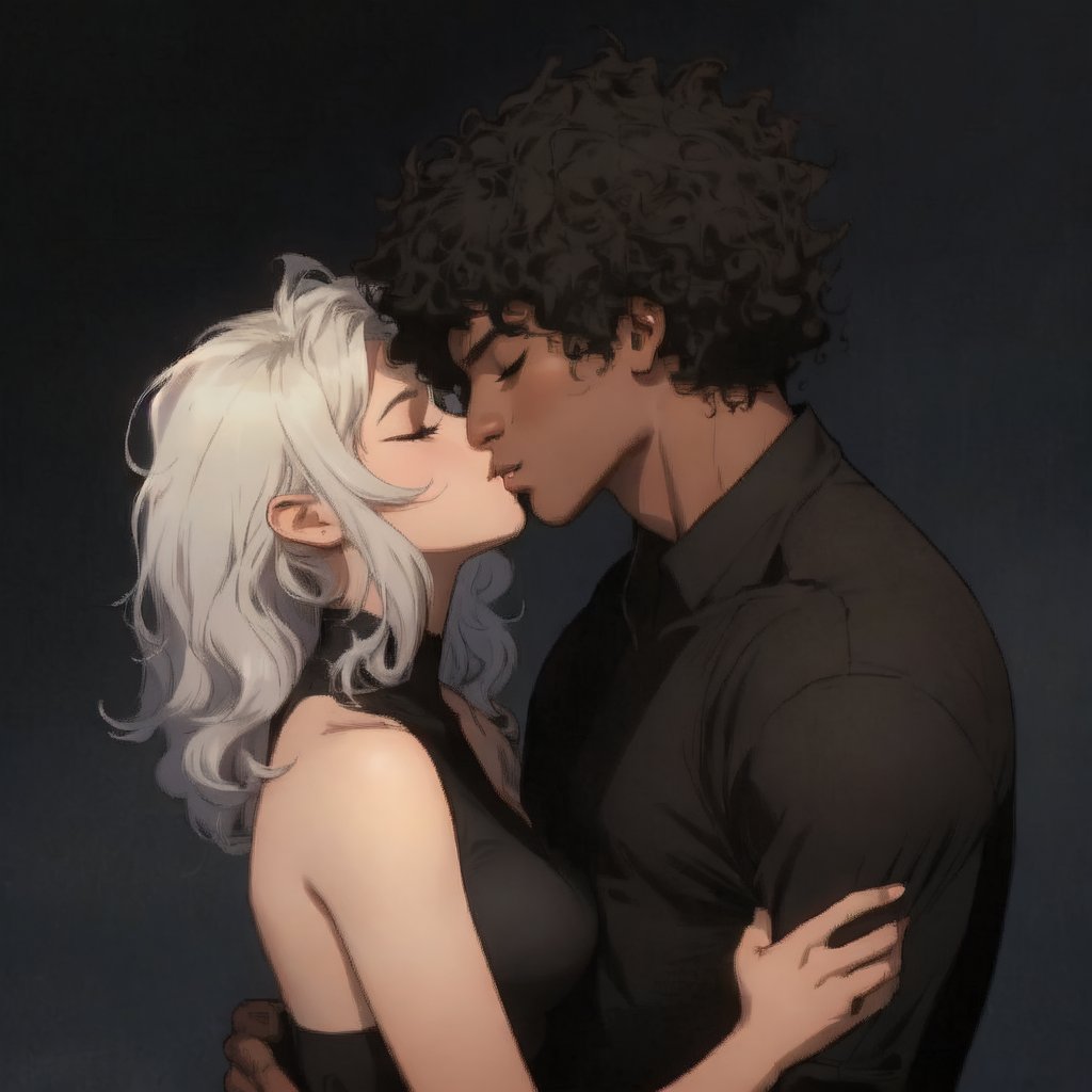 A tender moment captured on a warm summer evening. A beautiful girl with short hair gazes up at an Afro boy with luscious black locks, their faces inches apart as they share a passionate French kiss. The hetero couple's closed eyes convey their surrender to the intimacy. The dark-skinned male's smooth dark skin glistens in the soft light. He wears a simple shirt that complements her features. His strong hands cradle her head, showcasing his affection.