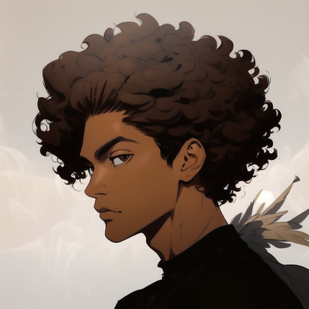 solo, looking at viewer, simple background, brown hair, shirt, black hair, 1boy, brown eyes, closed mouth, male focus, dark skin, black shirt, profile, dark-skinned male, feathers, portrait, curly hair, afro